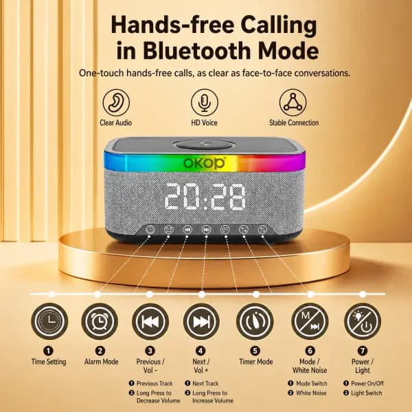 OKOP KP559 Multifunctional Bluetooth 5.3 Alarm Clock Speaker with Wireless Charging, RGB Light & White Noise