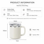 Product information graphic for a stainless steel mug, showing dimensions (8.6cm width, 13cm diameter, 10.