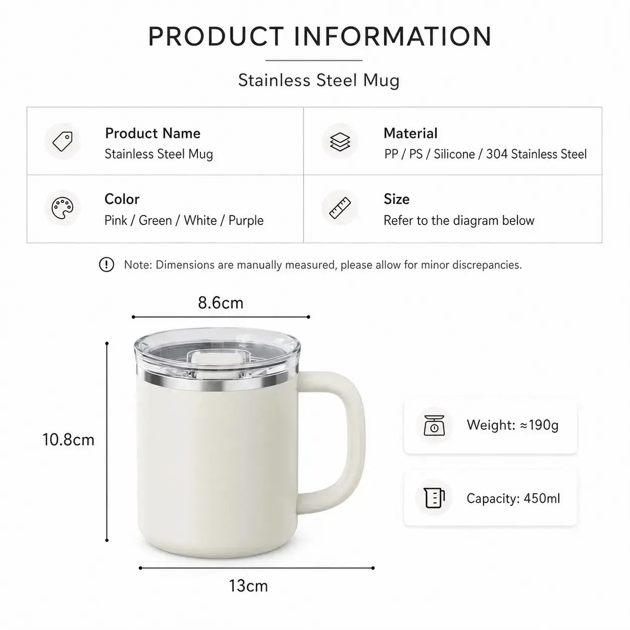 Product information graphic for a stainless steel mug, showing dimensions (8.6cm width, 13cm diameter, 10.