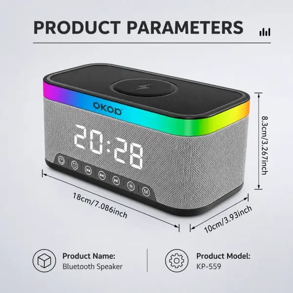 OKOP KP559 Multifunctional Bluetooth 5.3 Alarm Clock Speaker with Wireless Charging, RGB Light & White Noise