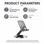 Product parameters infographic for a metal rotating phone stand, showing a 9*11*3.5cm package size, 113g net weight, and a gunmetal grey color, with a photo of the stand below the text.