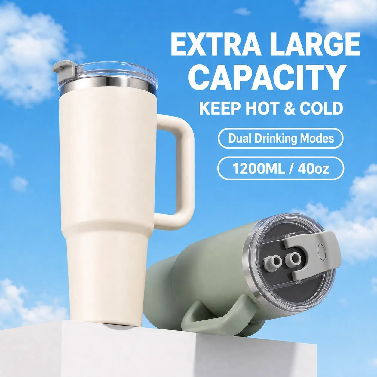 40oz (1200ml) Insulated Stainless Steel Tumbler with Handle – Leak-Proof, Triple-Wall Vacuum Travel Mug for Hot & Cold Drinks, Car Cup Holder Friendly, Sweat-Proof, BPA-Free