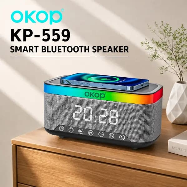 OKOP KP559 Multifunctional Bluetooth 5.3 Alarm Clock Speaker with Wireless Charging, RGB Light & White Noise