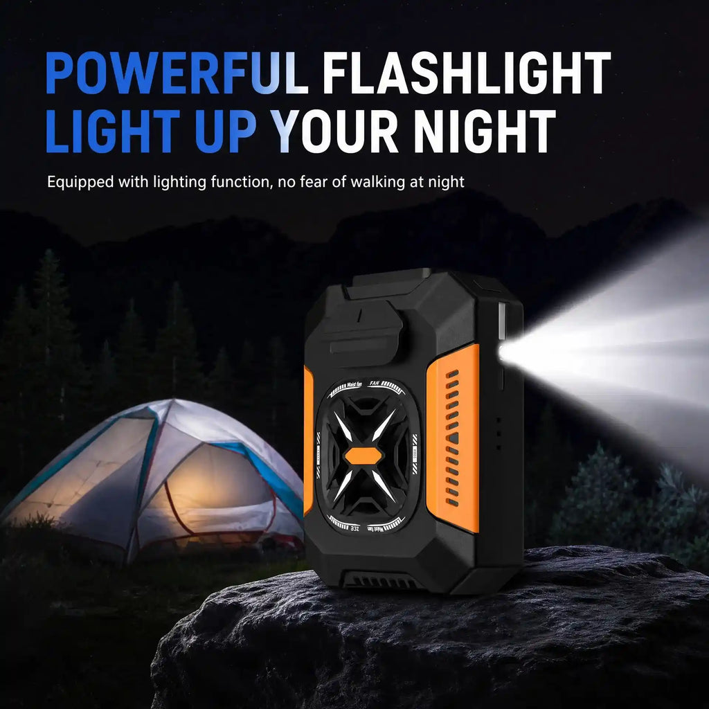 A rugged portable flashlight with orange side panels stands on a rock at night, casting a bright beam of light toward a camping tent in the background. Large promotional text reads 'POWERFUL FLASHLIGHT LIGHT UP YOUR NIGHT.