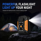 A rugged portable flashlight with orange side panels stands on a rock at night, casting a bright beam of light toward a camping tent in the background. Large promotional text reads 'POWERFUL FLASHLIGHT LIGHT UP YOUR NIGHT.
