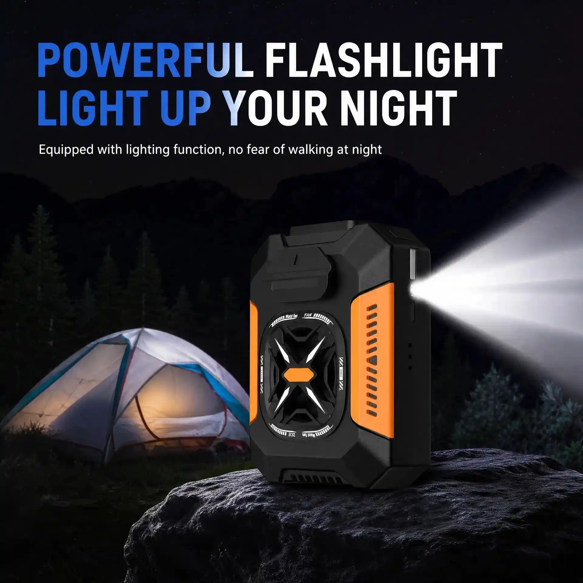 A rugged portable flashlight with orange side panels stands on a rock at night, casting a bright beam of light toward a camping tent in the background. Large promotional text reads 'POWERFUL FLASHLIGHT LIGHT UP YOUR NIGHT.