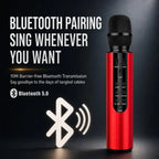 A red and black Bluetooth karaoke microphone shown on a dark background with promotional text and a Bluetooth symbol. The text highlights features like Bluetooth pairing, singing anytime, 10M barrier-free transmission, and Bluetooth 5.