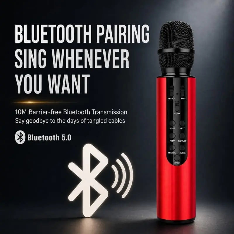 A red and black Bluetooth karaoke microphone shown on a dark background with promotional text and a Bluetooth symbol. The text highlights features like Bluetooth pairing, singing anytime, 10M barrier-free transmission, and Bluetooth 5.