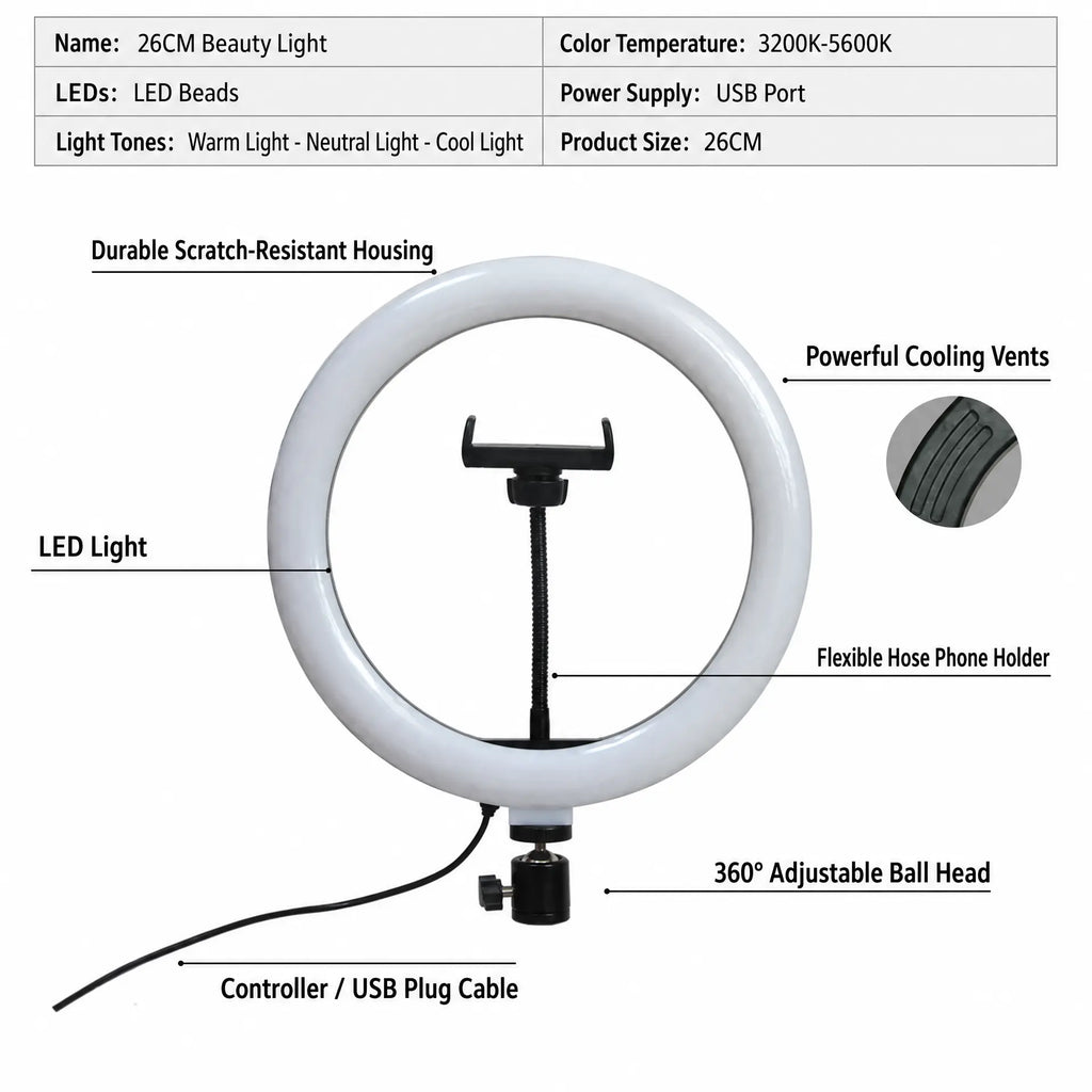 26CM LED Ring Fill Light with Phone Holder & Tripod Stand – Adjustable Beauty Light for Live Streaming, Photography & Video