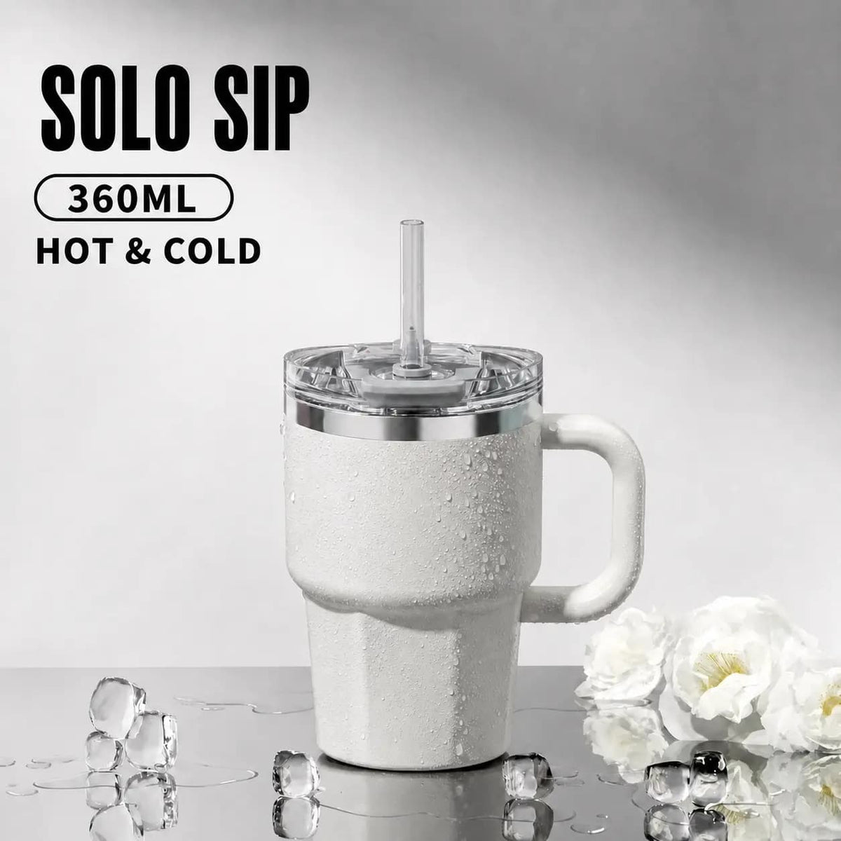 Solo Sip 360ml Stainless Steel Insulated Tumbler with Handle, stainless steel Straw - Dual Drinking Modes Hot & Cold Travel Mug