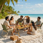 A group of five friends enjoying a beach picnic on a sandy tropical beach with palm trees and the ocean in the background. They are seated on green folding chairs around a small wooden table with food and drinks, wearing light summer clothing.