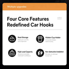 A promotional graphic for car hook upgrades with an orange header reading 'Multiple upgrades' and large text stating 'Four Core Features Redefined Car Hooks.' Below, four black circular icons with labels describe features: neat storage, hidden cup holder, high load capacity, and non-destructive installation.