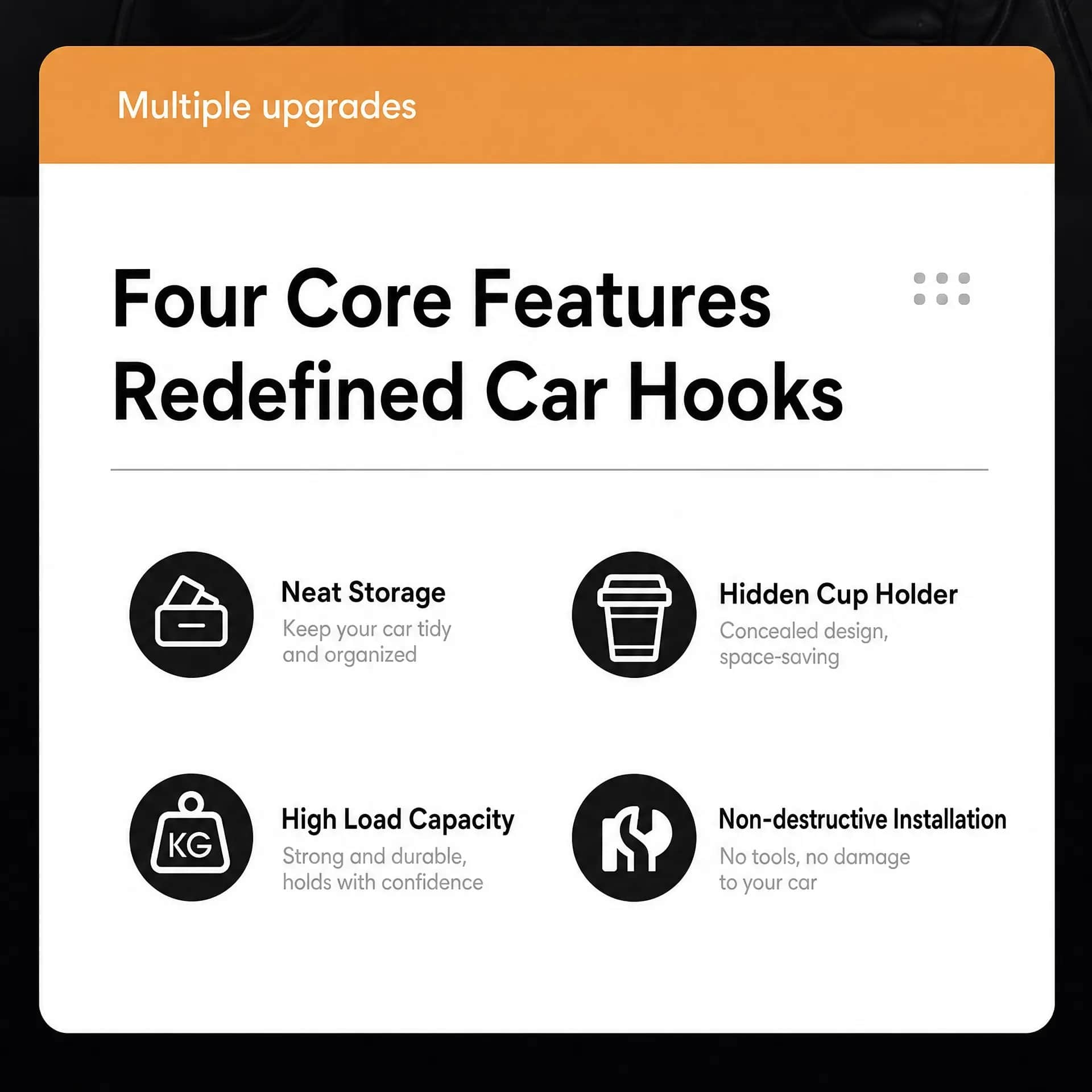 A promotional graphic for car hook upgrades with an orange header reading 'Multiple upgrades' and large text stating 'Four Core Features Redefined Car Hooks.' Below, four black circular icons with labels describe features: neat storage, hidden cup holder, high load capacity, and non-destructive installation.