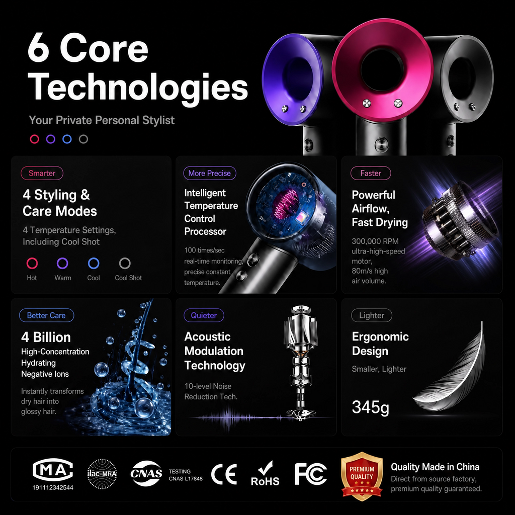 Professional High-Speed Hair Dryer with Ultra-Fast Drying and Ionic Care