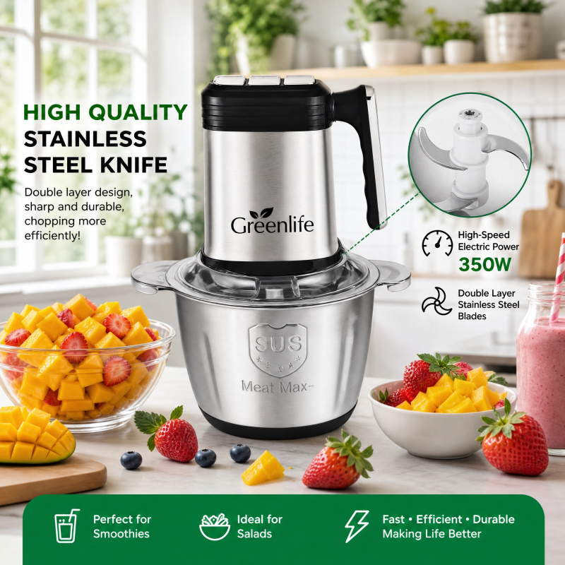 Greenlife 3L Stainless Steel Electric Food Chopper | Vegetable & Meat Grinder GLFC-300W