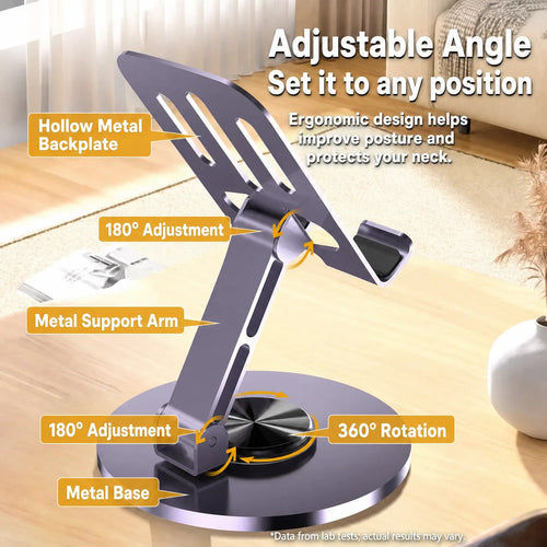 All-Metal 360° Rotating Phone & Tablet Stand - Heavy Duty Foldable Desktop Holder, Adjustable Multi-Angle Stand for iPhone & iPad