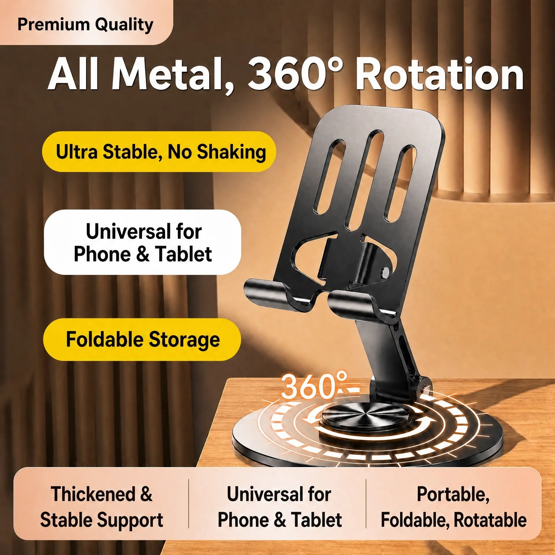 All-Metal 360° Rotating Phone & Tablet Stand - Heavy Duty Foldable Desktop Holder, Adjustable Multi-Angle Stand for iPhone & iPad
