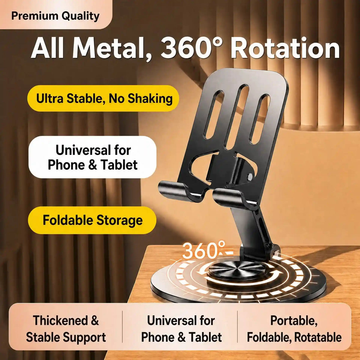 A black all-metal phone and tablet stand with a 360-degree rotating base, shown on a wooden surface with promotional text overlays highlighting its stability, foldable storage, and universal compatibility.
