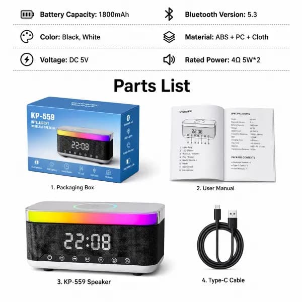 OKOP KP559 Multifunctional Bluetooth 5.3 Alarm Clock Speaker with Wireless Charging, RGB Light & White Noise