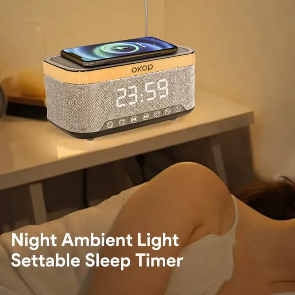 OKOP KP559 Multifunctional Bluetooth 5.3 Alarm Clock Speaker with Wireless Charging, RGB Light & White Noise