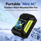 A portable outdoor waist-mounted mini AC fan shown at an angle against a icy blue background with promotional text reading 'Portable Mini AC Outdoor Waist-Mounted Mini Fan.' The product is black with bright yellow-green side panels and a translucent front cover showing blue airflow graphics.