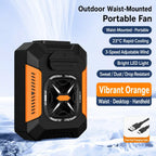 A black and orange portable outdoor fan shown on a snowy icy background with promotional text listing features such as waist-mounted portability, 23°C rapid cooling, 3-speed adjustable wind, bright LED light, sweat/dust/drop resistance, and a free fast charging cable.