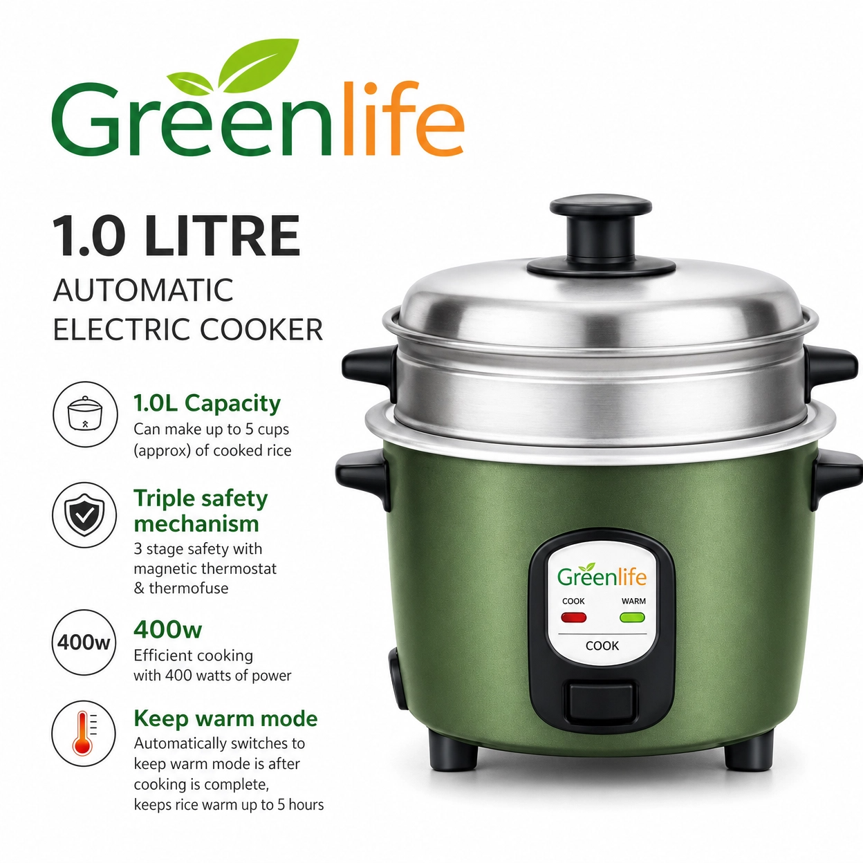 GreenLife 1.0L Automatic Electric Cooker - Compact 400W Rice Cooker with Keep-Warm Mode & Triple Safety System (5-Cup Capacity)