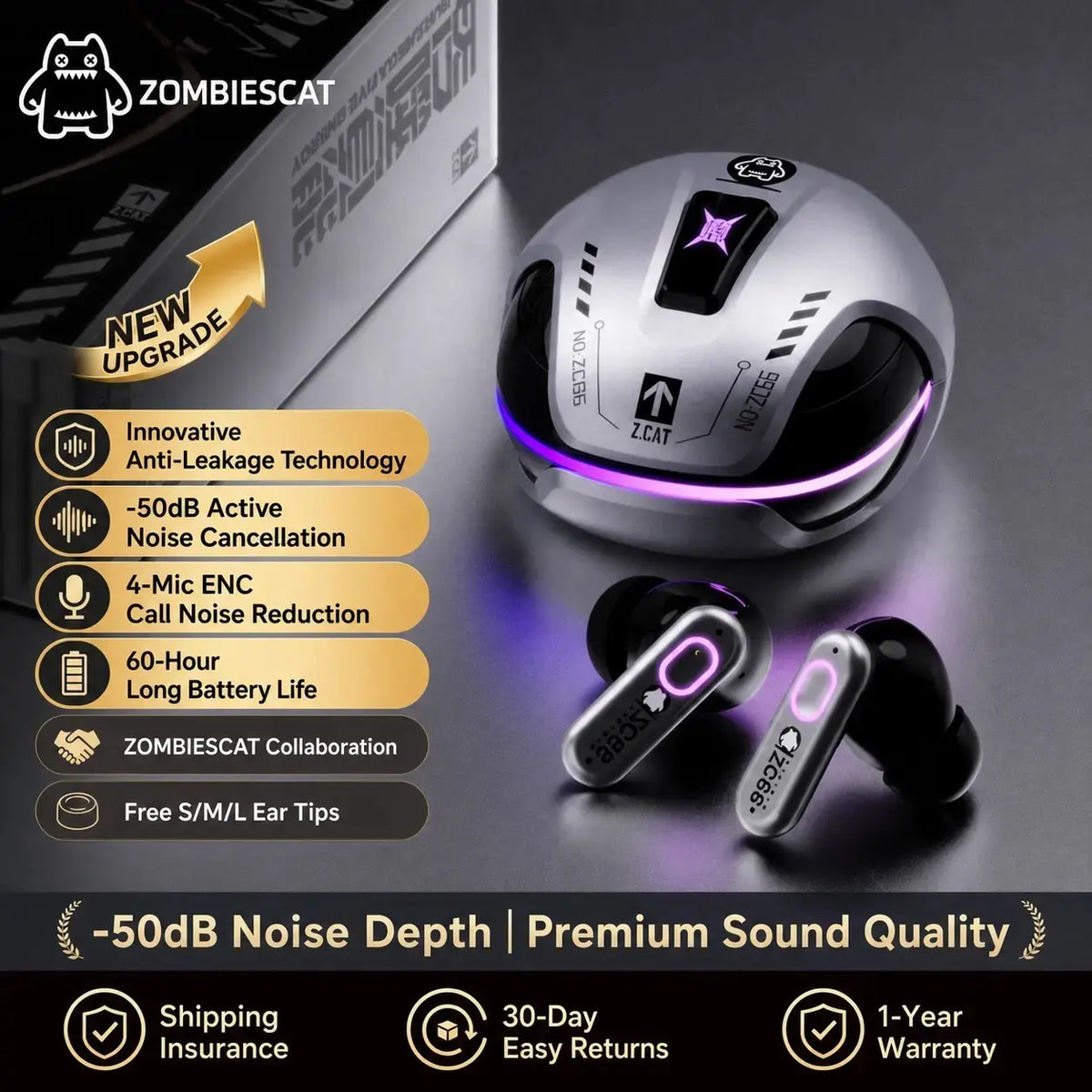 Zombiescat wireless earbuds with a metallic silver and black smart call device, shown with product features and specifications on a dark background.