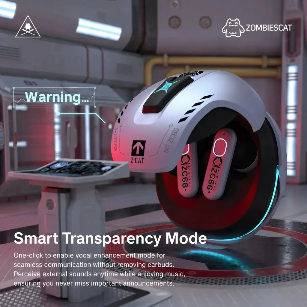 Smart transparency mode device with futuristic design in a sci-fi setting, featuring the brand 'Zombiescat'.